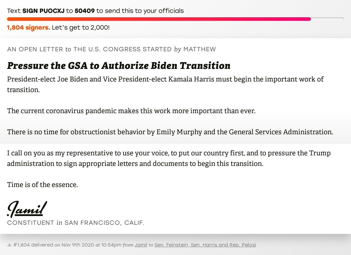 openletterbot's tweet photo. 🖋 Sign “Pressure the GSA to Authorize Biden Transition” and I’ll deliver a copy to your officials: https://t.co/BTm6k9o04E

📨 No. 1,804 is from Jamil to @SenFeinstein, @SenKamalaHarris and @SpeakerPelosi #CA12 #CApolitics #CApol #COVID19 https://t.co/M7VIk2ZHMh