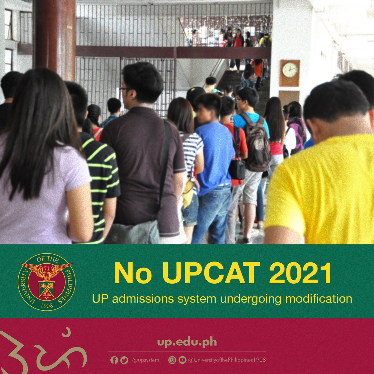 Due to COVID-19, University Councils across the UP System unanimously decided not to hold the UPCAT for admission of students in AY 2021-22. Instead, the UP Office of Admissions is currently modifying the admissions system for the next intake year.

Read: up.edu.ph/no-upcat-2021-…
