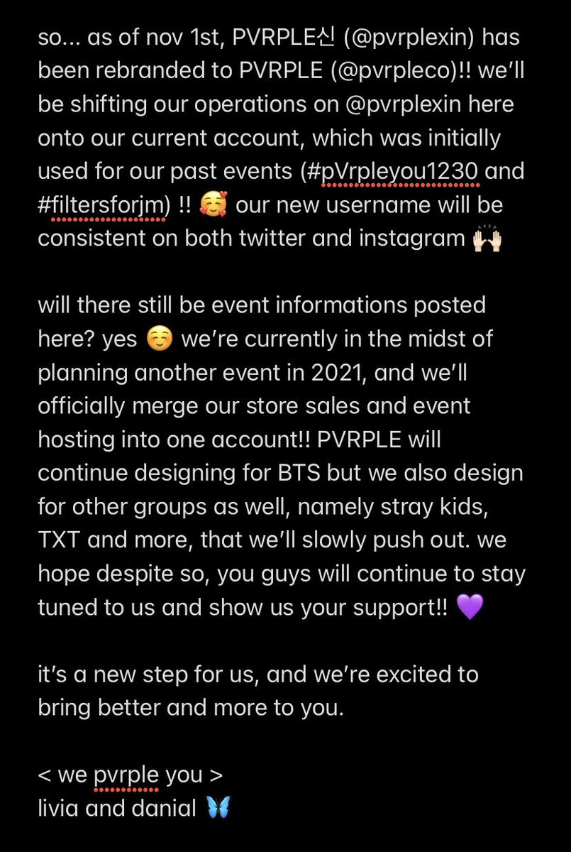 pvrpleco's tweet photo. [ #pvrpleupdates ]

our first update here on @pvrpleco 🤭 we like to address our rebrand and why we shifted here from @pvrplexin!!

it’s tough to lose an account we worked so hard to build, but we’ll keep going. tysm for supporting us here. it means the world to us 💜 https://t.co/e3M4fLCByz