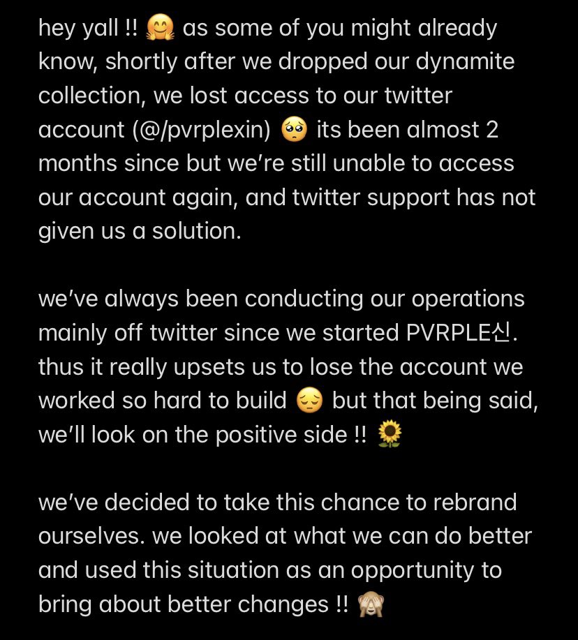 pvrpleco's tweet photo. [ #pvrpleupdates ]

our first update here on @pvrpleco 🤭 we like to address our rebrand and why we shifted here from @pvrplexin!!

it’s tough to lose an account we worked so hard to build, but we’ll keep going. tysm for supporting us here. it means the world to us 💜 https://t.co/e3M4fLCByz