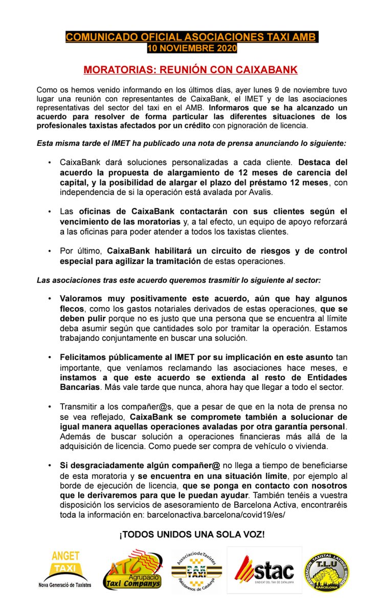 sindicatdeltaxi's tweet photo. 🟡⬛COMUNICAT ASSOCIACIONS TAXI AMB | REUNIÓ AMB CAIXABANK 09.11.2020
Per fí una bona notícia que s'ha d'ampliar a la resta d'Entitats Bancàries. Bona feina @AMBtaxi @rosaalarcon em de seguir! 💪🏼
#TAXINEWS #STACNEWS #TAXIAMB #COVID19 #TaxiEnLluita ⬇️⬇️
https://t.co/prJQ6kRMZF https://t.co/Ht6klHC6ta