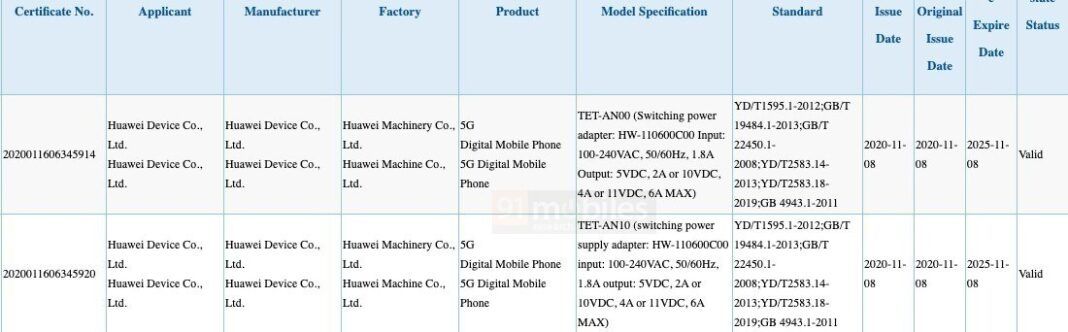 Tech__Cosmos's tweet photo. The 3C certification has now revealed the Huawei Mate X2 (foldable phone) with model number "TET-AN00/TET-AN10" will come with 66W fast charging support.
- 8.3" display
- 120Hz refresh rate
- Kirin 9000 SoC
- EMUI 11
- Android 10
#HuaweiMateX2 #Huawei #HuaweiMateSeries https://t.co/6jTHzSJ86f