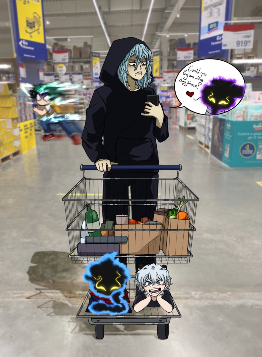 LoraKortes's tweet photo. One day @Fominado1 send me a photo with children in the shopping cart 😂❤️
So we decided to draw it with our children ocs🗿
Sketch - @Fominado1 
Line and color - @lorakortes

Yes, the villains go to the shop 🗿

#bnha⭐️
#bnhaoc⭐️
#shigarakitomura⭐️
#kurogiri⭐️
#midoriyaizuku⭐️ https://t.co/eviin4zorq