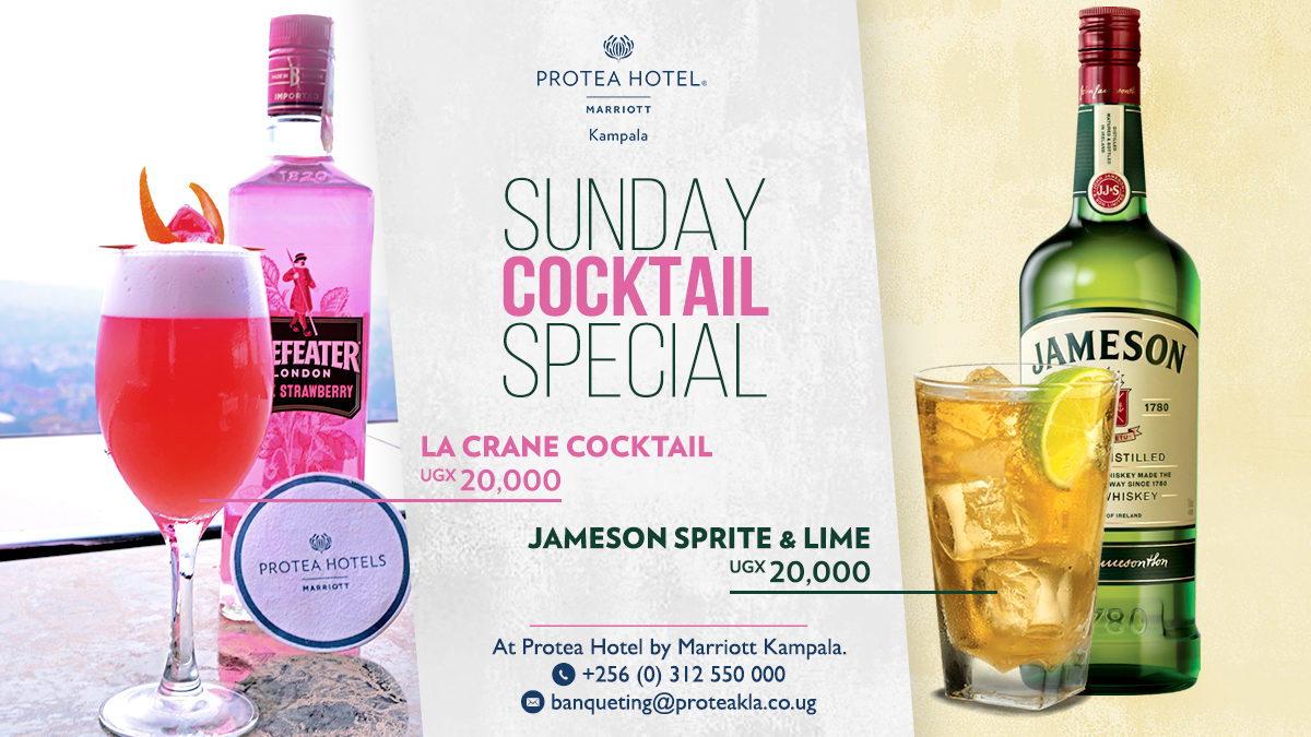 ProteaKampalaH's tweet photo. Have a true memorable Sunday with a cocktail special.
La crane cocktail or #JamesonSpriteandLime all at UGX 20,000.
#ProteaKampala https://t.co/TvnPloex9E