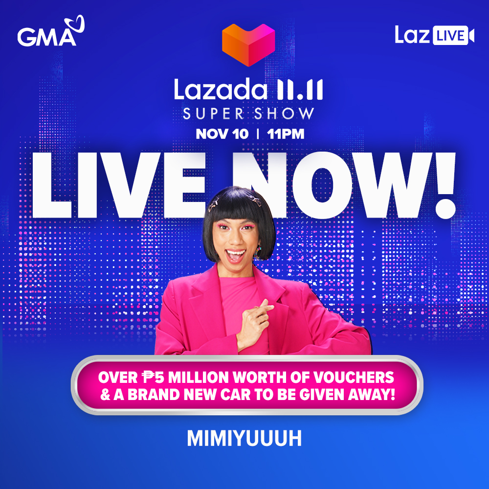 LazadaPH's tweet photo. The #Lazada1111SuperShow IS LIVE NOW on GMA-7 or at https://t.co/tkXCrj0u3m. Get a chance to WIN a BRAND NEW CAR or ₱5M worth of vouchers! 🎉

Join @mimiyuuuh, @sam_yg, @BenAndBenMusic, @SB19Official, &amp; more welcome the #LazadaBiggestOneDaySale!💙

#Lazada1111 #LazadaPH #LazLive https://t.co/1KxsSpHqwS