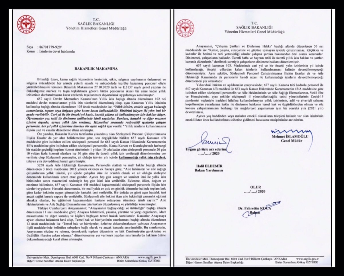SAĞLIK ÇALIŞANLARININ İPTAL EDİLEN İZİNLERİ 2021’e AKTARILACAK.
İzinlerin iptal edilmesiyle birlikte tüm yetkililerle yaptığımız görüşmelerde dile getirdiğimiz ve hukuki süreç başlattığımız konuda sonuç alınmıştır. İptal edilen izinler, 2021’e aktarılacaktır. Hayırlı olsun.