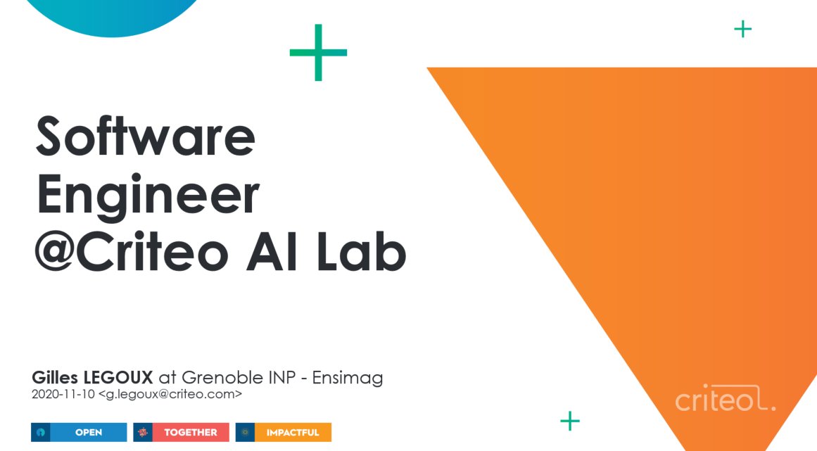 I will be present at "Conférence Métier: Grenoble INP - Ensimag" this afternoon between 1:30PM-2:45PM, to present the job of Software Engineer at Criteo.
See ensimag.grenoble-inp.fr/fr/entreprises…
 
<a href="/CriteoEng/">Criteo Engineering</a> <a href="/CriteoAILab/">Criteo AI Lab</a>
 #SoftwareEngineer #Criteo #Ensimag