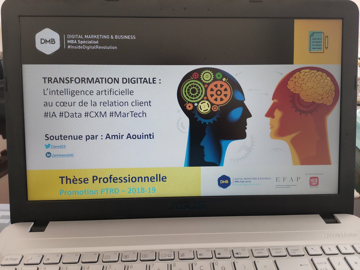 Jarod22's tweet photo. Enfin délivré ! Best to come 😉Merci au jury @wtaranoff pour ton encouragement #These #MBADMB #IA #RelationClient #TranformationDigitale #InsideDigitalRevolution @EFAP_ @MBADMB @HUBInstitute https://t.co/Ft9mk7PcFk