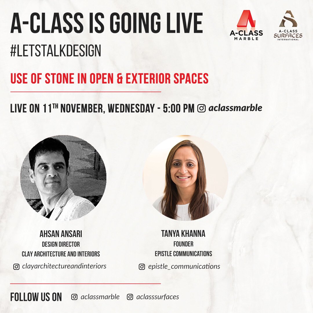aclassmarble's tweet image. #LetsTalkDesign - We bring in experts from the industry to #engage, #enlighten, and #inspire you all during this #pandemic.

Ahsan Ansari , Design Director of Clay Architecture and Interiors, will be live on @aclassmarble Instagram! We hope to see you there!
