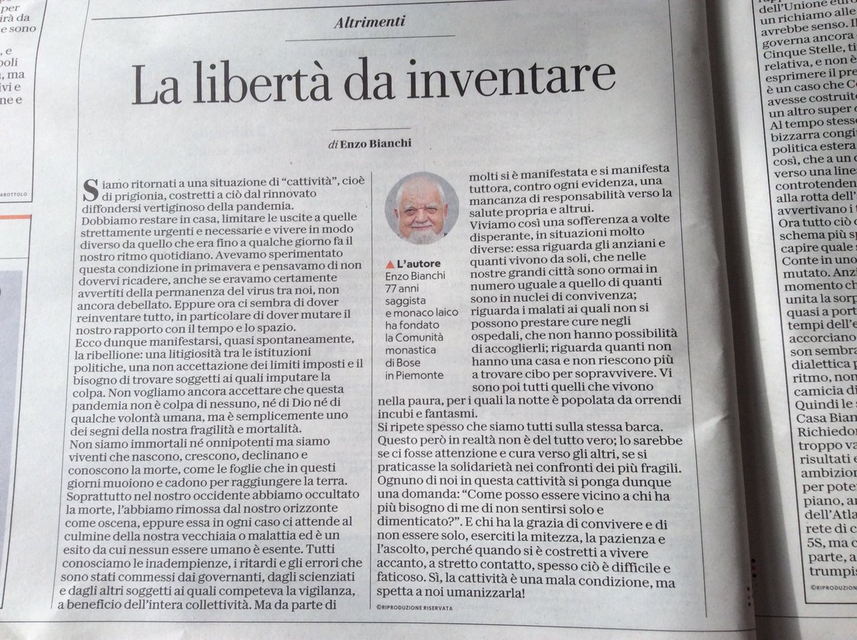 Ognuno di noi in questo tempo di pandemia si ponga una domanda:”come posso essere vicino a chi ha più bisogno di me di non sentirsi solo e dimenticato?”Chi ha la grazia di convivere eserciti ascolto e pazienza,chi è solo sia consolato da qualcuno che lo cerca,lo chiama,lo aiuta.