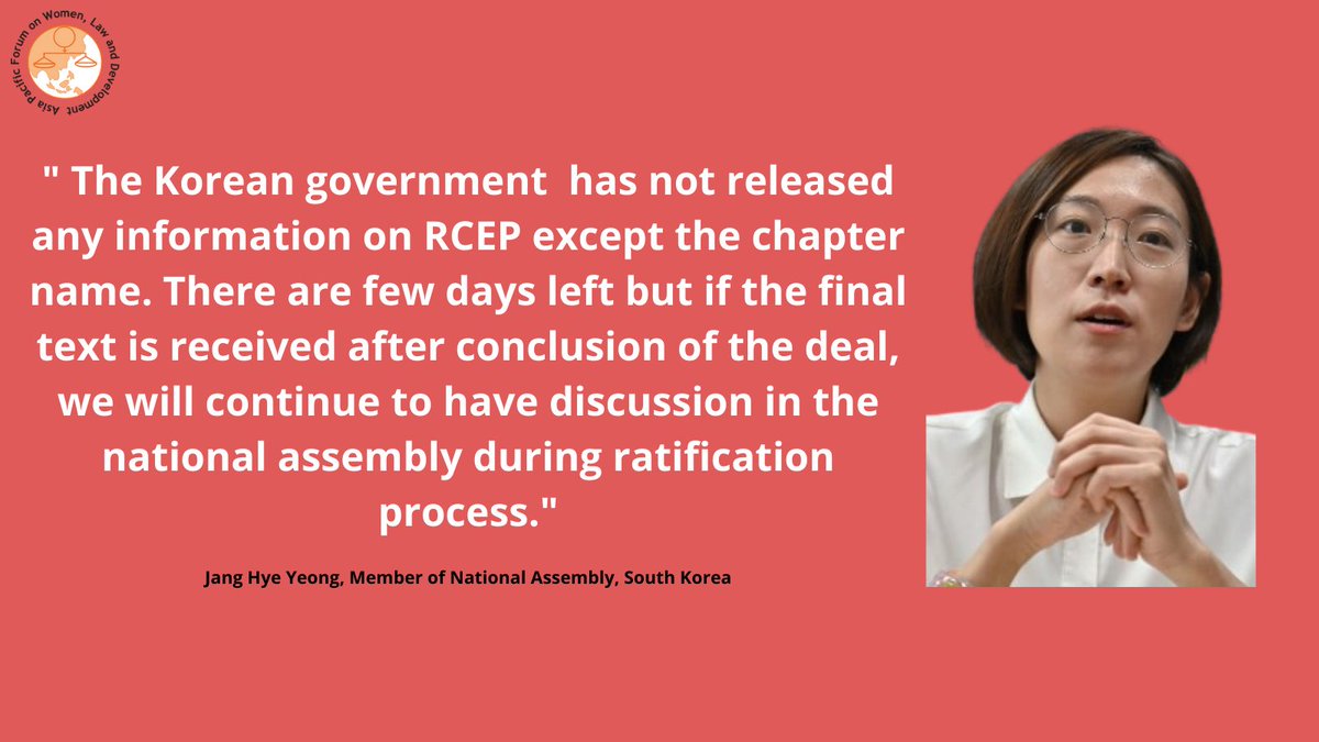 apwld's tweet photo. Jang Hye Yeong, Member of National Assembly, South Korea shares concerns regarding lack of transparency of #RCEP text.
@MOTIEKoreaEng
#NoRCEP #TradeJustice https://t.co/XuAVRinjwk