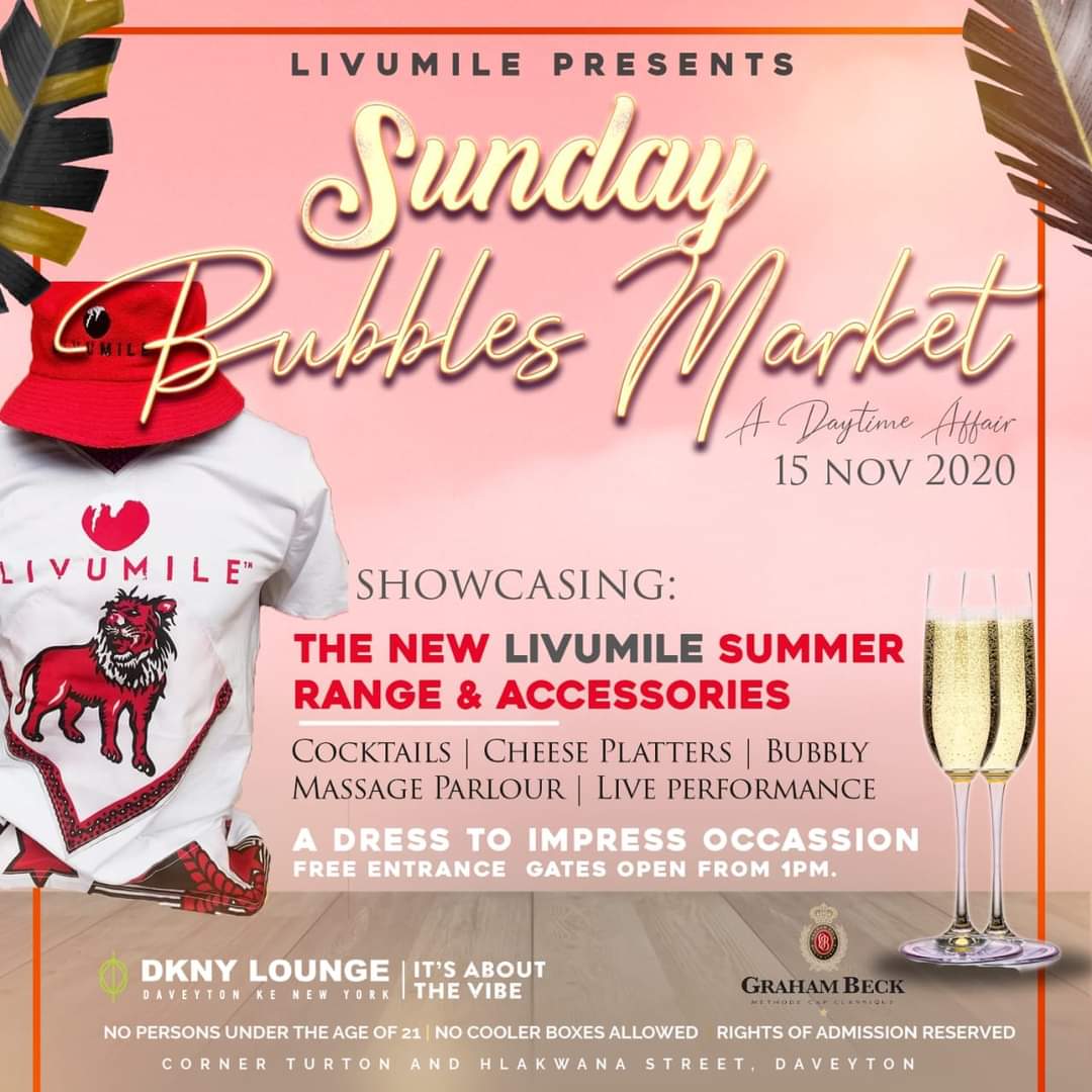 EnhleMedia's tweet photo. Livumile Clothing Brand Invites you to their Bubbles Market event 🍾 The event will be at DKNY Lounge in Daveyton, this Sunday on the 15th of November. Seats are limited due to  Covid-19 regulations. @KLivumile #tuesdayvibe https://t.co/xDU8EFCmKp