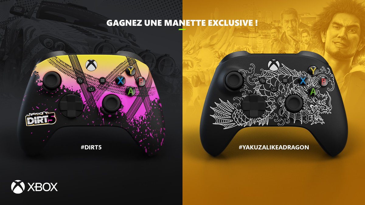 PLAION_FR's tweet photo. Pour fêter la sortie de la nouvelle #Xbox, avec @XboxFR on vous offre deux manettes #XboxSeriesX collector créées pour l'occasion !

🎮 Follow @KochMediaFR
🔁 RT
📝 Dites-nous quelle manette vous aimeriez gagner en commentant avec #DIRT5 ou #YakuzaLikeADragon ! https://t.co/3JWZmQQ3jc