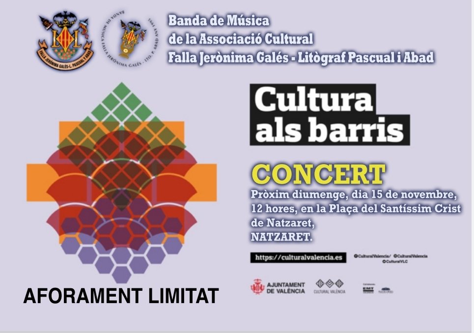 fjeronimagales's tweet image. El Diumenge 15 de Novembre concert de la nostra #bandajeronima !!!
Amb totes les mesures de seguritat i aforament limitat!!!😷 
#culturaalsbarris #musicsifallers #jeronimalopeta #jeronimagales #falles21