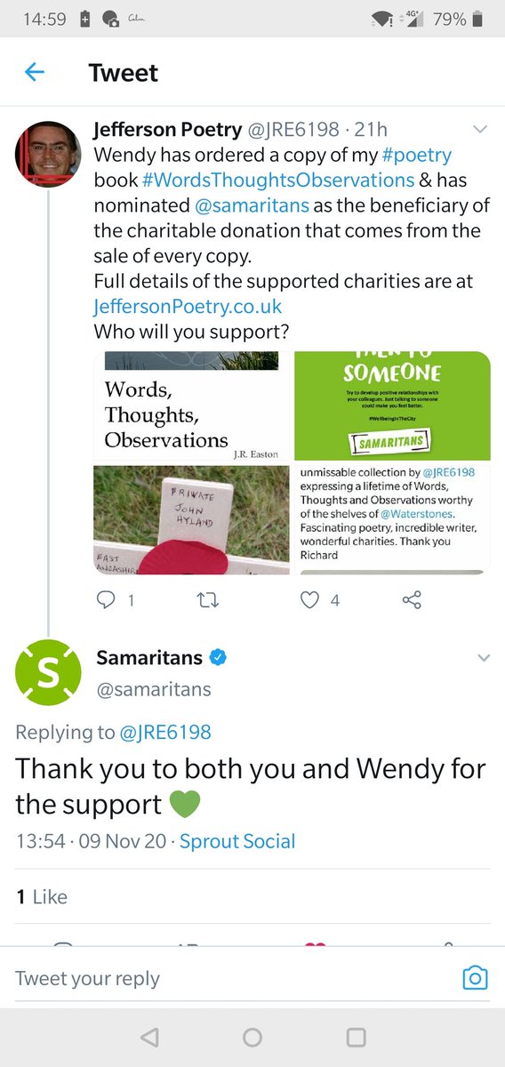 RichardEaston's tweet photo. Jon just bought a copy of my #poetry book #WordsThoughtsObservations and nominated the #Samaritans as the charity to benefit from the sale of his copy.
Thanks Jon.
Full details and order from https://t.co/3fHICzuQfD https://t.co/NpZo9HDThb