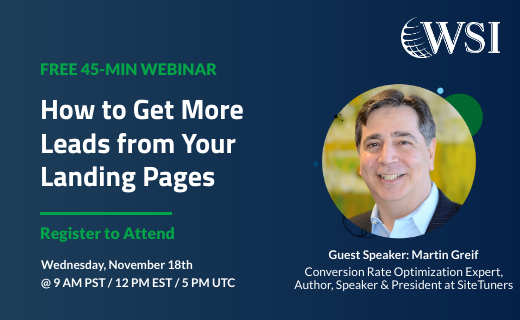 Ready to generate more leads? Want to get more out of your online advertising campaigns? Learn from Conversion Rate Optimization Expert <a href="/MartinGreif/">Martin Greif</a> in our upcoming 45-min webinar. bit.ly/362VcBZ
#wsiworld #landingpage #leadgen #digitalmarketing #conversion