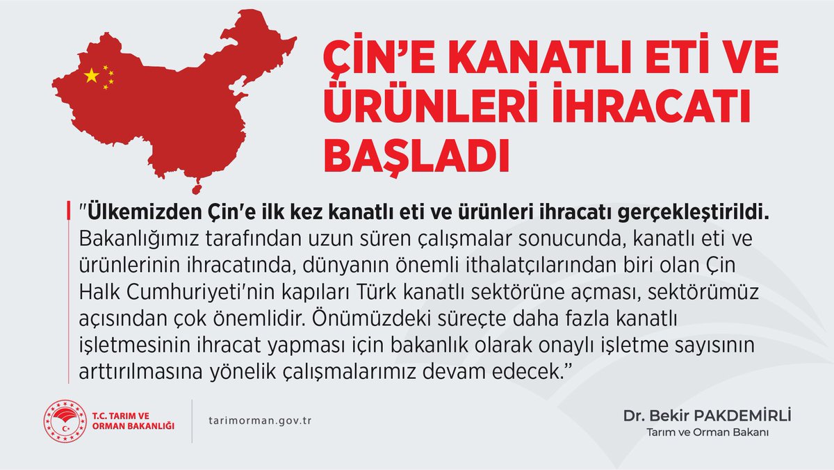 ÇİN’E İLK KEZ KANATLI ETİ VE ÜRÜNLERİ İHRACATI BAŞLADI

tarimorman.gov.tr/Haber/4809/Bak…