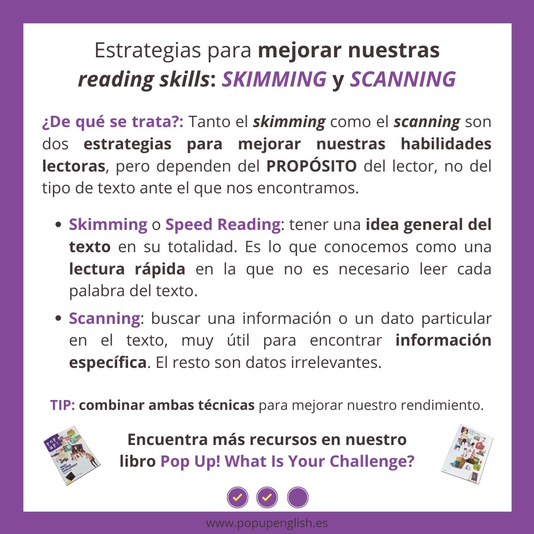 PopUpEngC's tweet image. Good morning!! 📖

Si crees que necesitas mejorar el método de estudio que sigues para afrontar los ‘Reading’ como se merecen, estás en el post indicado 🤓

Hoy hablamos de dos técnicas para mejorar tu ‘reading’ 🔍: ‘skimming’ y ‘scanning’ 👩🏼‍🏫

¡Espero que os ayude darlings! ☺️