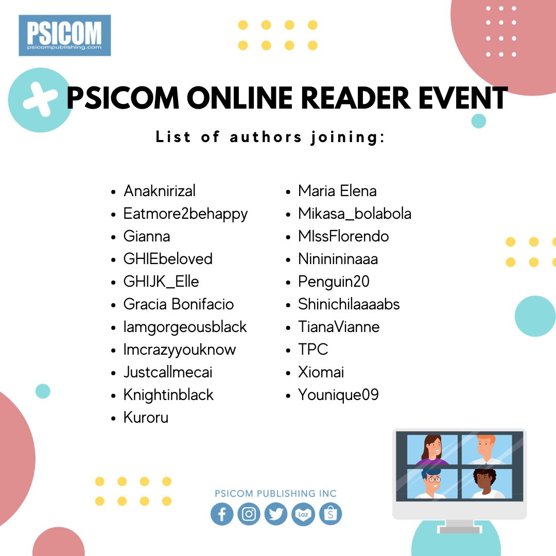 Officialpsicom's tweet photo. PSICOM ONLINE READER EVENT

Here's the list of authors joining our online event
Sign up here: https://t.co/Dulm6voBX0
Final schedule of authors to be revealed in the coming days

Make sure to order from:
Shopee Mall: https://t.co/9Sc346rl8S
Lazada: https://t.co/VyeJ1DGcH3 https://t.co/v91h0bj2C0