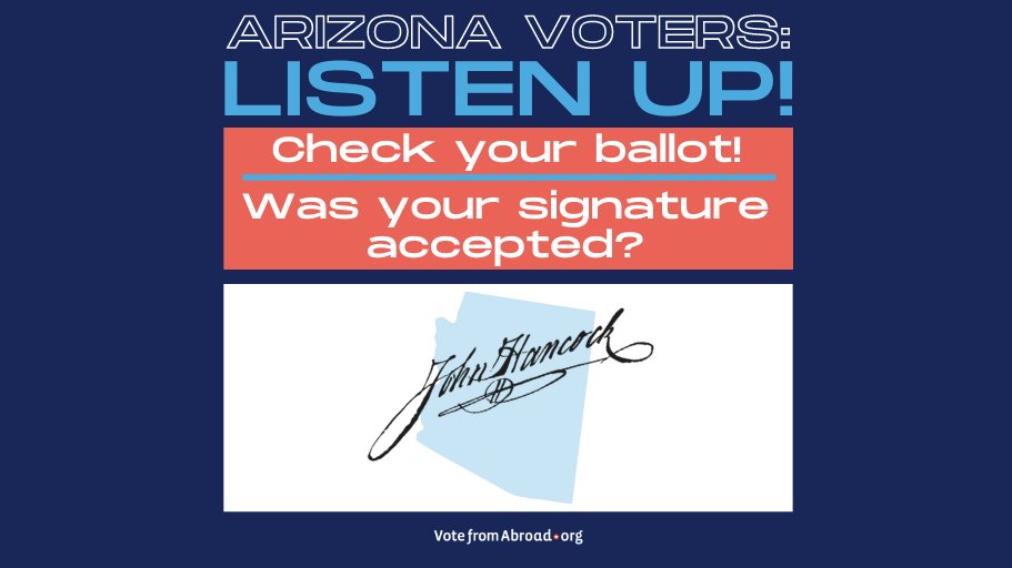 vfaglobal's tweet photo. 🔊Arizona voters abroad ! Check your ballot status here: https://t.co/mtX2Z3PldL If there's a problem, contact your county immediately to “cure” it! DEADLINE IS TODAY! More info here: https://t.co/3QGNTDq9dl #curingballots #ArizonaElection #absenteeballots https://t.co/d7bYUqUcHJ