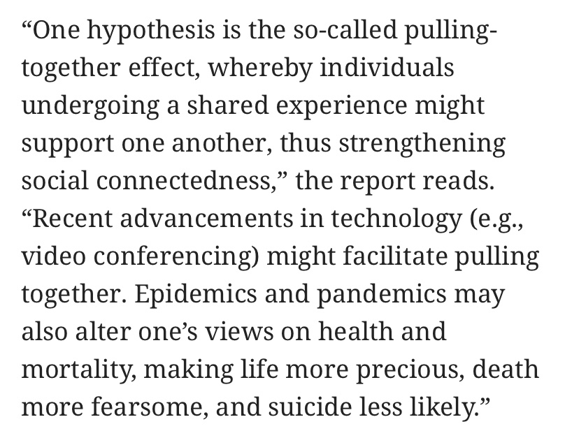 ‘One hypothesis is the so-called pulling-together effect, whereby individuals undergoing a shared experience might support one another, thus strengthening social connectedness.’ https://amp.sanluisobispo.com/news/local/article242738356.html?__twitter_impression=true