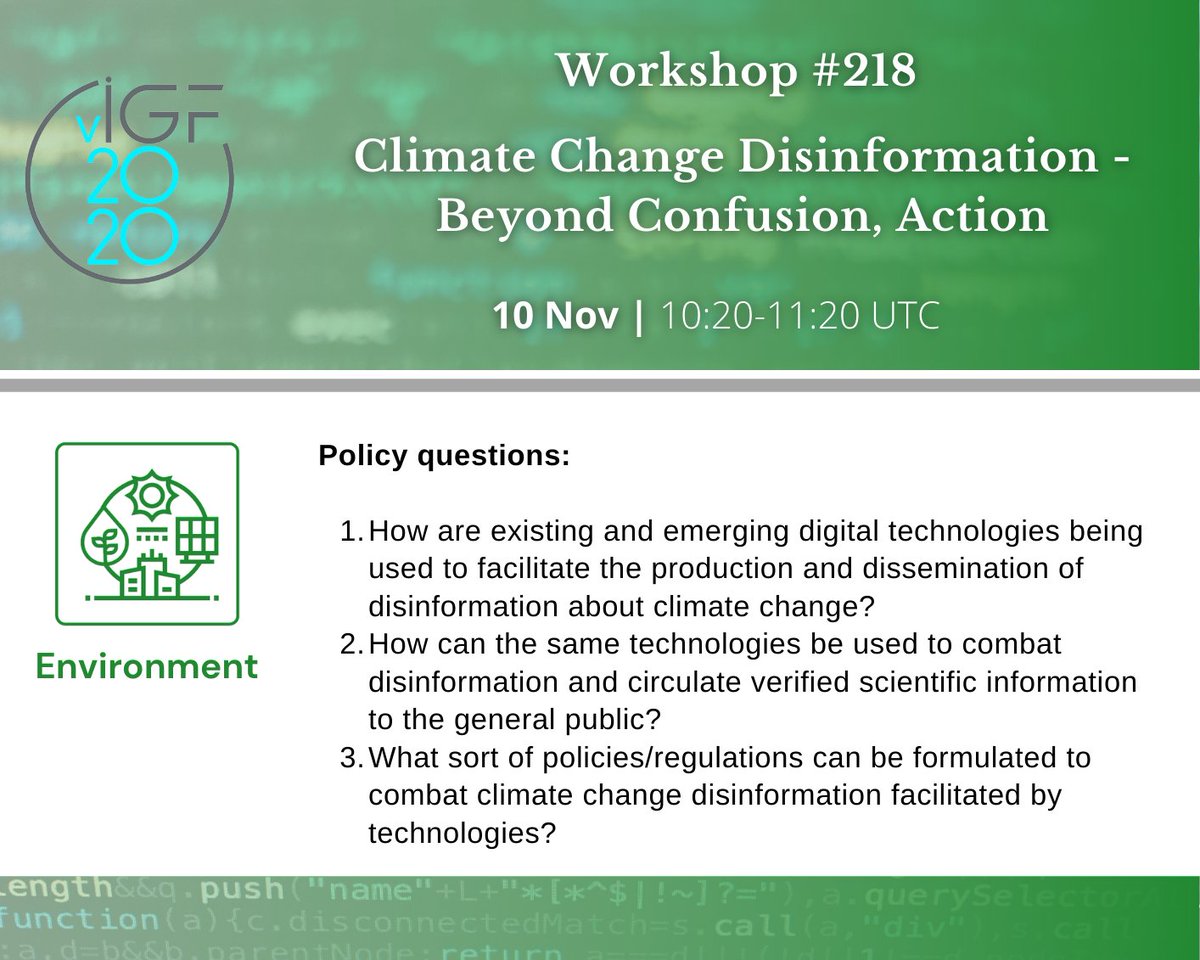 igf_environment's tweet photo. Today's first session in the #IGF2020 #environment track starts at 10:20 UTC: Workshop #218, #ClimateChange #Disinformation - Beyond Confusion, Action

Session details: https://t.co/gUmyfTsItg

YouTube livestream of this session available from https://t.co/diKP1SithI https://t.co/G4TBqU9lO1