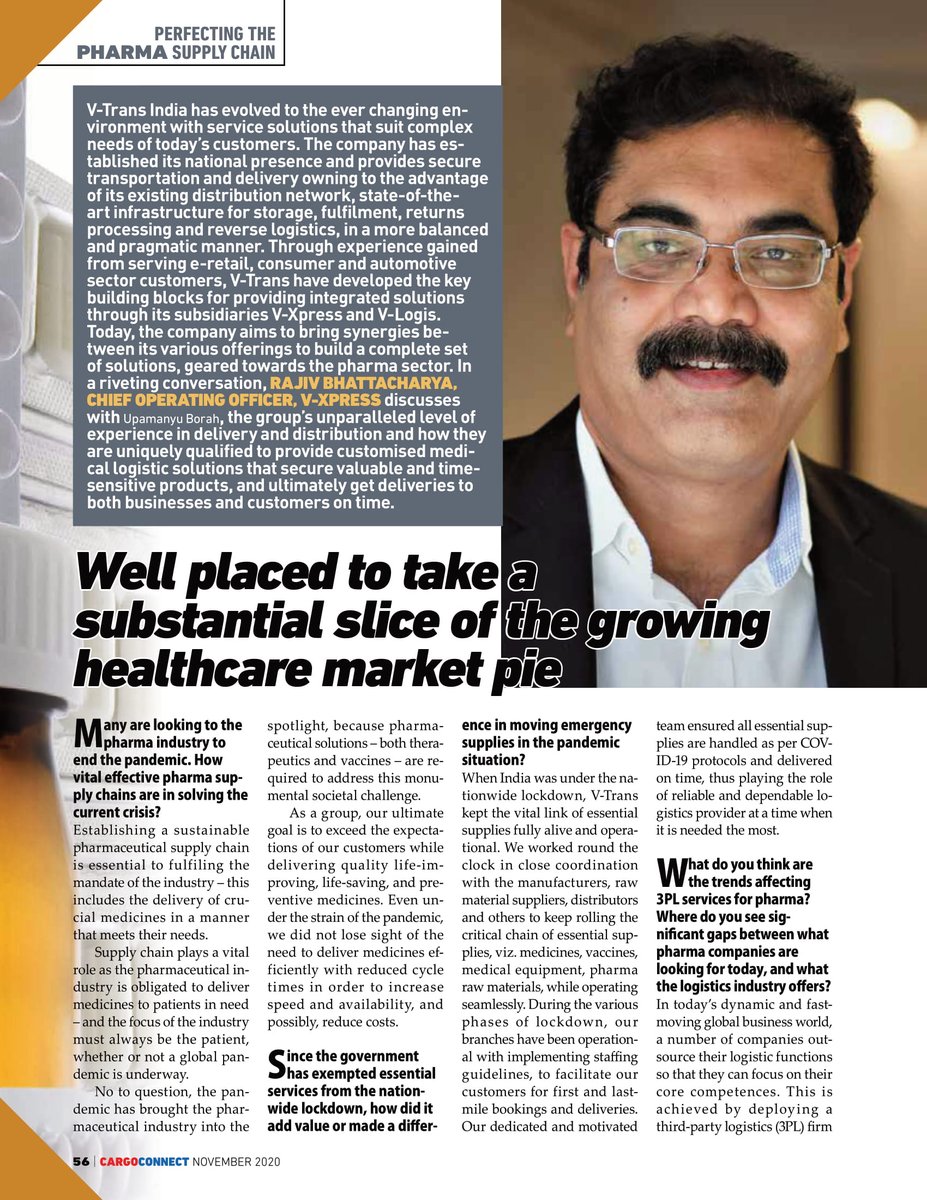 VxpressLogistic's tweet photo. We are pleased to inform you that V-Xpress COO, Mr. Rajiv Bhattacharya, has been featured in perfecting the pharma supply chain for the driving process excellence series in CARGOCONNECT magazine.

#singlewindowsolution #ExpressLogistics #PharmaLogistics #deliveryanddistribution https://t.co/l7K0CUbc94