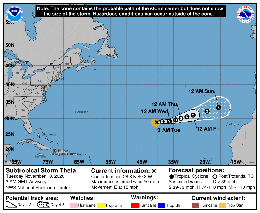 Rub_dc's tweet photo. Aquí está la tormenta subtropical #Theta. Es el vigésimo noveno ciclón tropical con nombre esta temporada en el Atlántico. Nunca antes había habido una temporada tan activa como la de 2020. Además, es importante seguir la evolución de Theta, ya que podría acabar afectándonos. https://t.co/6XqNu5lbyv