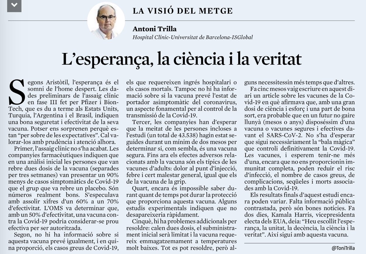 ToniTrilla's tweet photo. Les bones noticies i algunes incognites al respecte dels resultats de la vacuna anti-COVID19 anunciats per Pfizer-Biontech. https://t.co/0YtPtJQuJa