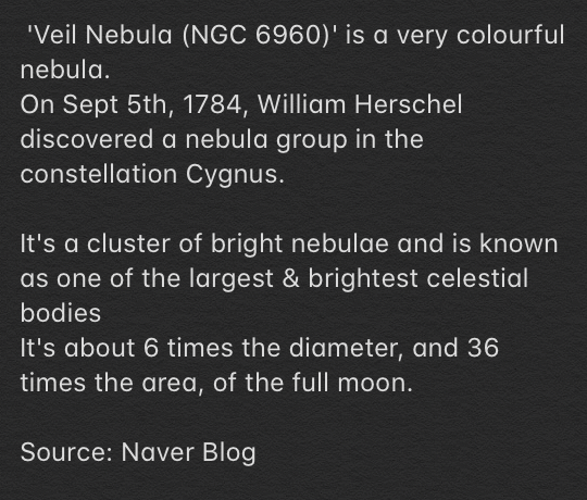 GFSquad__com's tweet photo. [WEVERSE] @GFRDofficial #UMJI on the meaning of 6960

'Veil Nebula (NGC 6960)' is a very colourful nebula.
It's a cluster of bright nebulae and is known as one of the largest &amp; brightest celestial bodies
It's about 6 times the diameter, and 36 times the area of the full moon. https://t.co/fhOyZveG2M