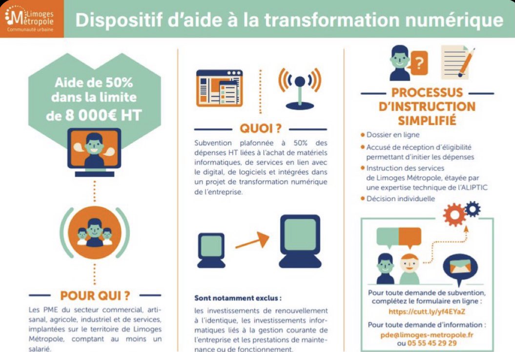 gwladys_tohier's tweet photo. ✅[#TransfoNum] : @LimMetropole lance un dispositif d'aide financière à la Transfo Numérique ! 👋

RT @aliptic_ 

✳️PME sur le territoire Limoges Métropole, au moins 1 salarié
➡️Aide de 50% max dans la limite de 8000€HT de dépenses
➡️Tout savoir : https://t.co/nFQA2jDuka https://t.co/5YiHOihxoP