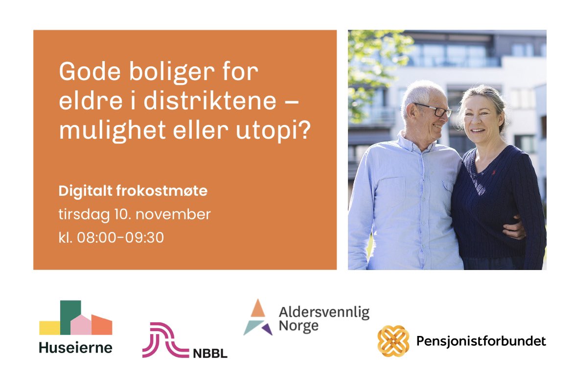 Sendingen starter kl.08:00 - meld deg på så sender vi deg lenke til arrangementet! nbbl.no/frokostmote-el… <a href="/huseierne/">Huseierne</a> / <a href="/Pensjonistf/">Pensjonistforbundet</a> / Aldersvennlig Norge / <a href="/NBBLno/">Norske Boligbyggelag</a>