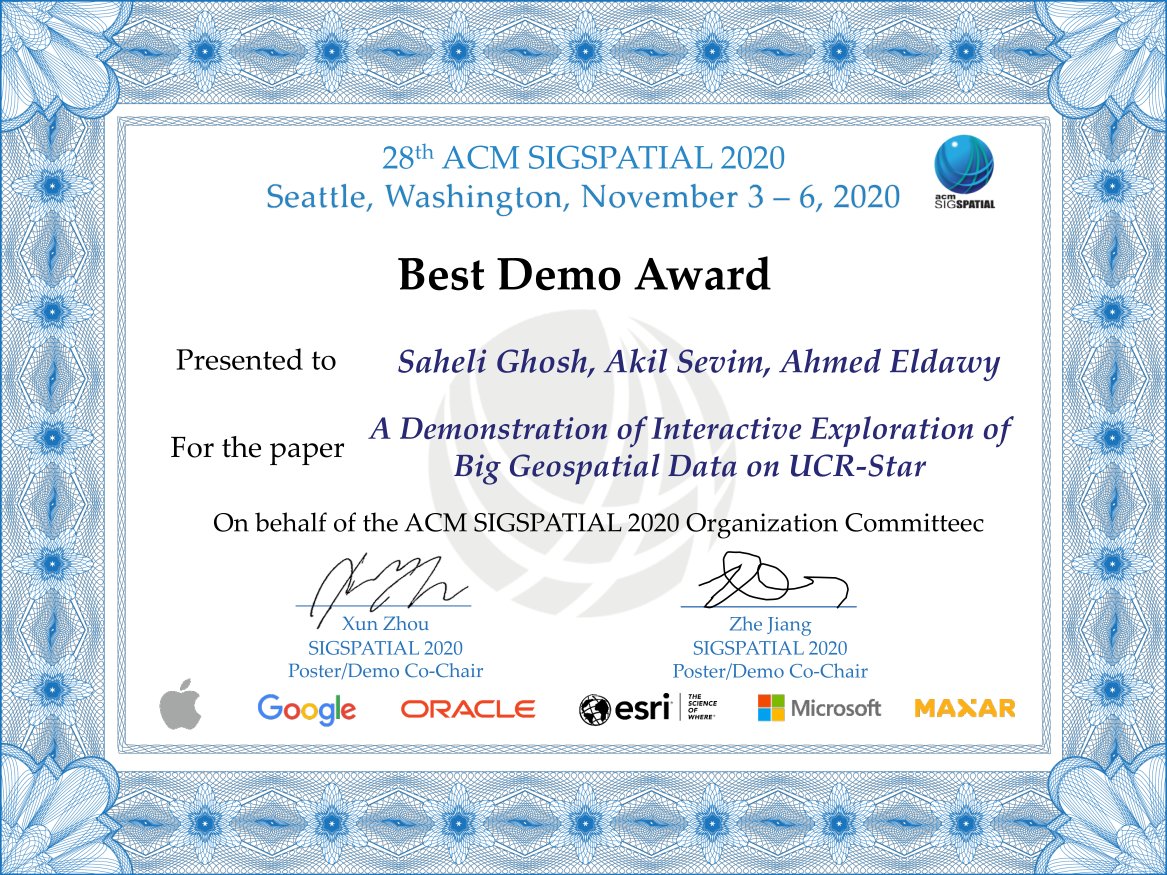 aseldawy's tweet photo. UCR-Star received best demo award at the ACM SIGSPATIAL conference. @saheliGh @akilsevim @UCR_CSE @UCRBCOE @UCRiverside #GISday https://t.co/p3EeGqjFQY