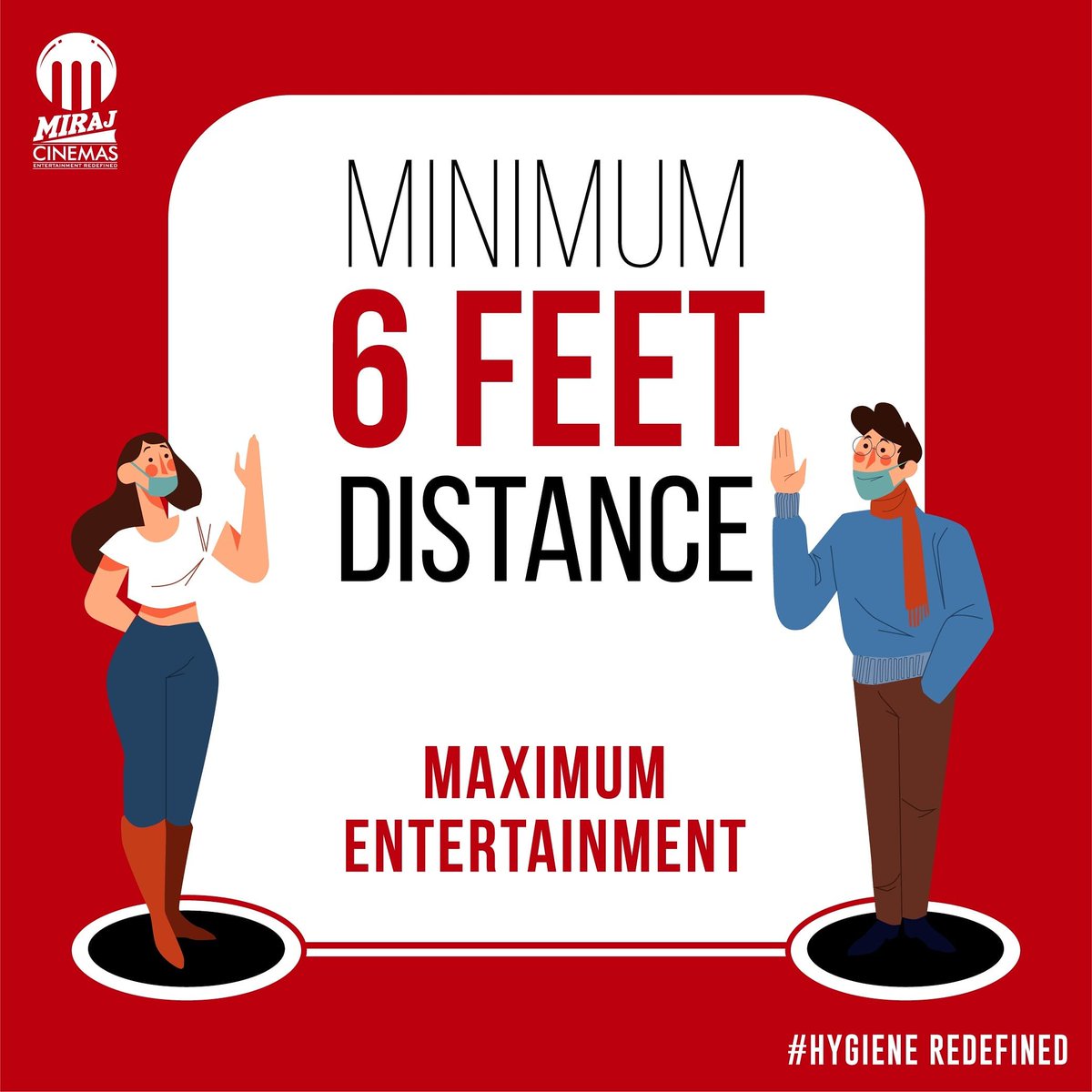 MirajCinemas's tweet photo. Social distancing is mandatory but we won't distance you from Entertainment and fun. 
We promise!
.
.
.
#MirajCinemas #socialdistancing
#6feet #MaximumEntertainment
#HygieneRedefined #entertainment https://t.co/rhYQHgVmJC