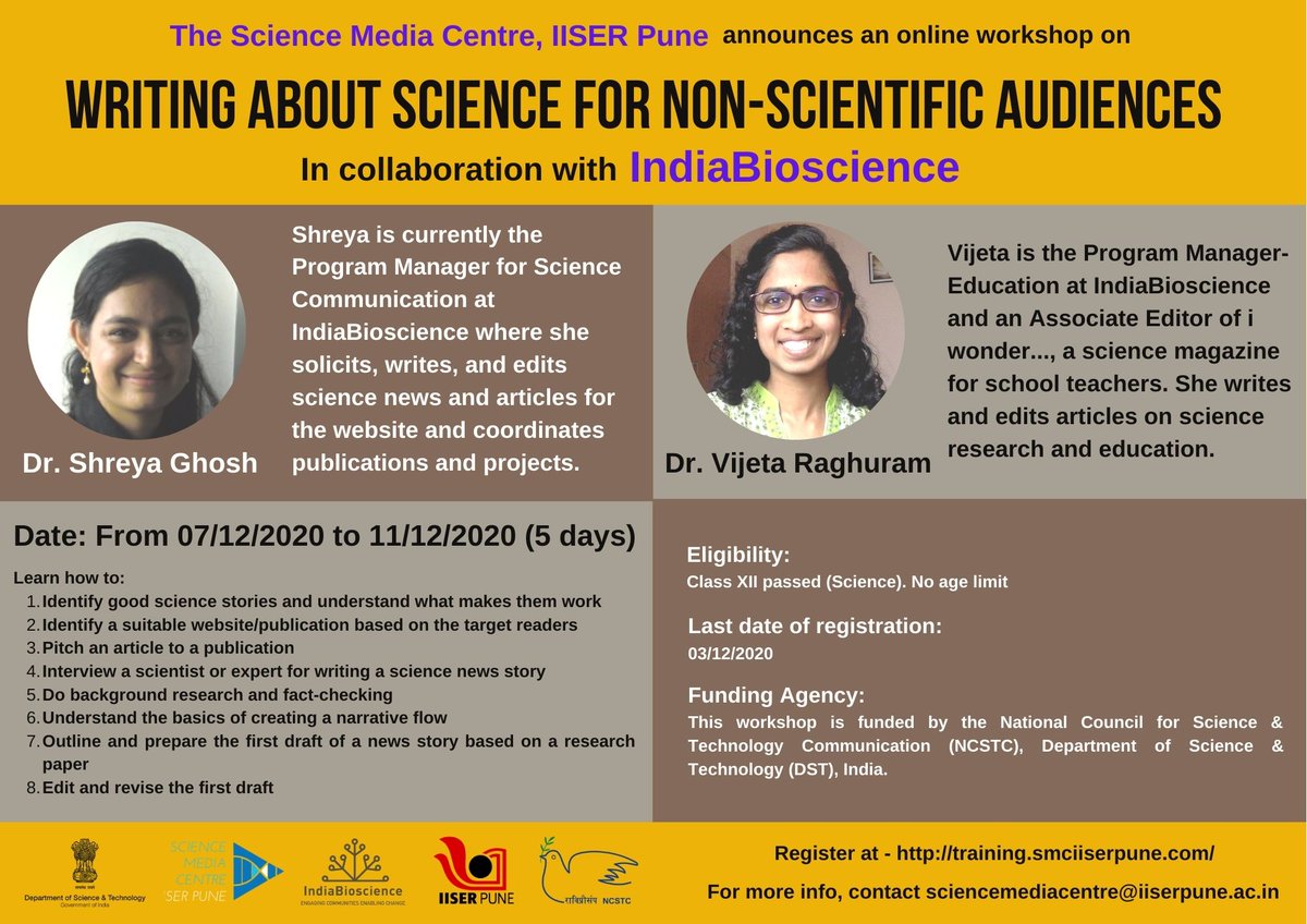 We bring to you a 5-day online workshop on 'Writing About Science for Non-Scientific Audiences' in collaboration with @IndiaBioscience starting from 7th Dec 2020. This workshop will help people interested in popular science writing.
@IISERPune 
#scicomm #online #workshop