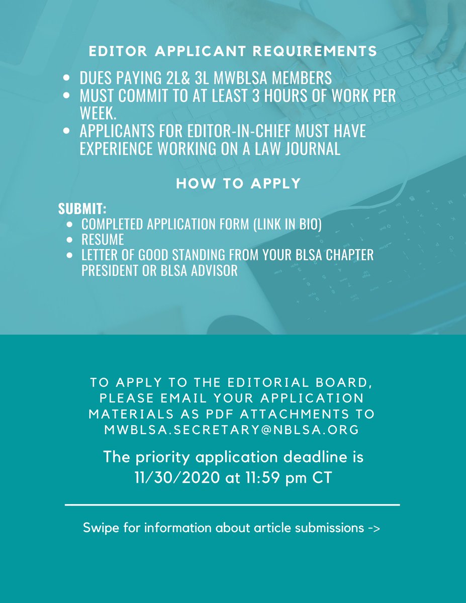 MWBLSA's tweet photo. The Midwest Journal of Law and Policy is looking for editors and article submissions. Download application at https://t.co/xj9WK9k7Mg. For more information contact - mwblsa.secretary@nblsa.org https://t.co/Salo86ntNR