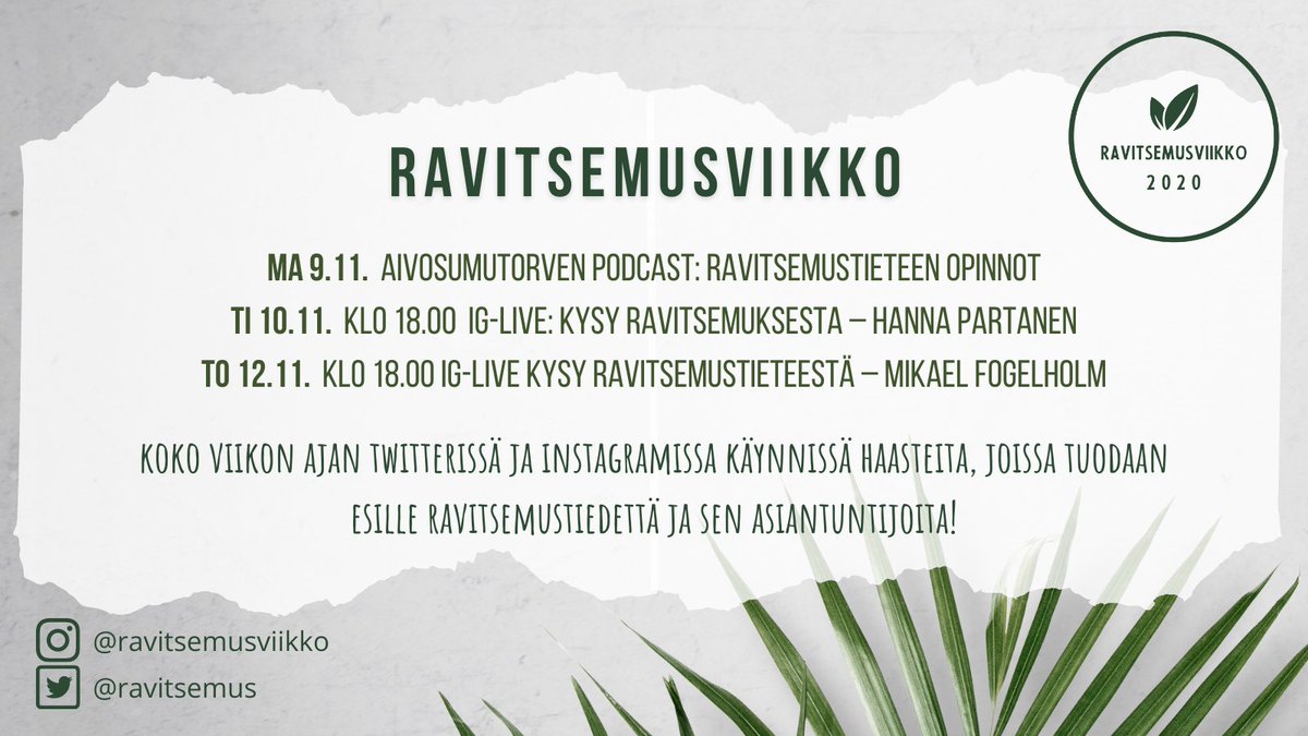 ravitsemus's tweet photo. Joko kuuntelit eilen julkaistun @aivosumutorvi podcast-jakson ravitsemustieteen opinnoista? Nyt jos koskaan kannattaa liittyä myös Instagramin puolelle seuraamaan #ravitsemusviikko​a - tänään IG-livessä @nutrifil ja torstaina @MikaelFogelholm! #siksiravitsemustiede https://t.co/wmBxN1Lds5