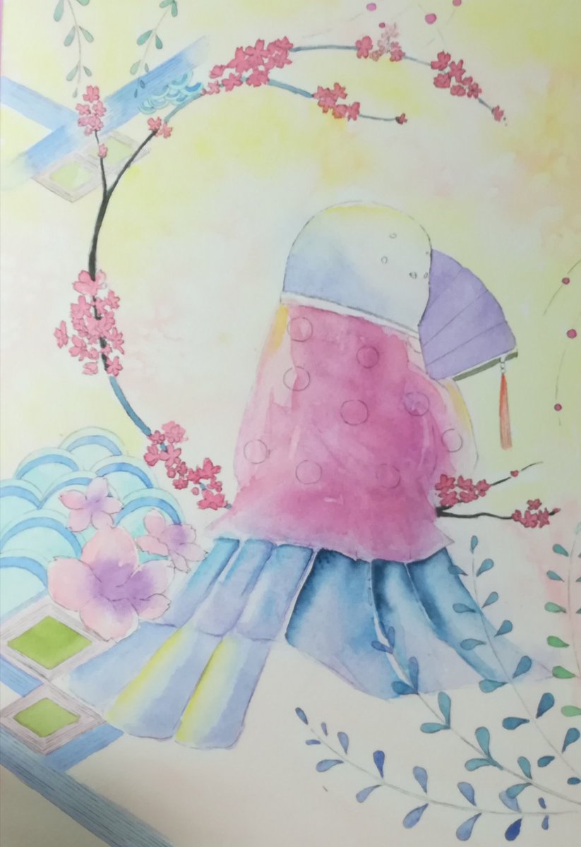 Toriko Yuki アーティスト 作成途中 水彩画 イラスト 水彩イラスト エナガ 小鳥 平安時代