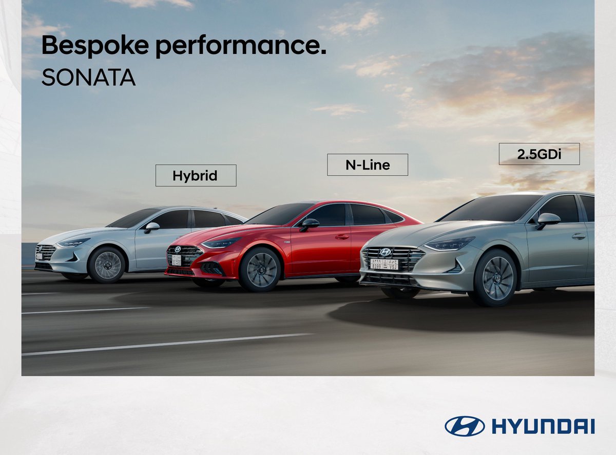 HyundaiMEA's tweet photo. A whole new world of driving freedom and pleasure. Hyundai brings you, SONATA 2.5GDI, SONATA N-line & SONATA Hybrid - a whole new SONATA line-up offering bespoke performances that suit your lifestyle.
#SONATA_GDI #SONATA_Nline #SONATA_Hybrid #SonataLineup #BespokePerformance https://t.co/gaaQ88V8c2