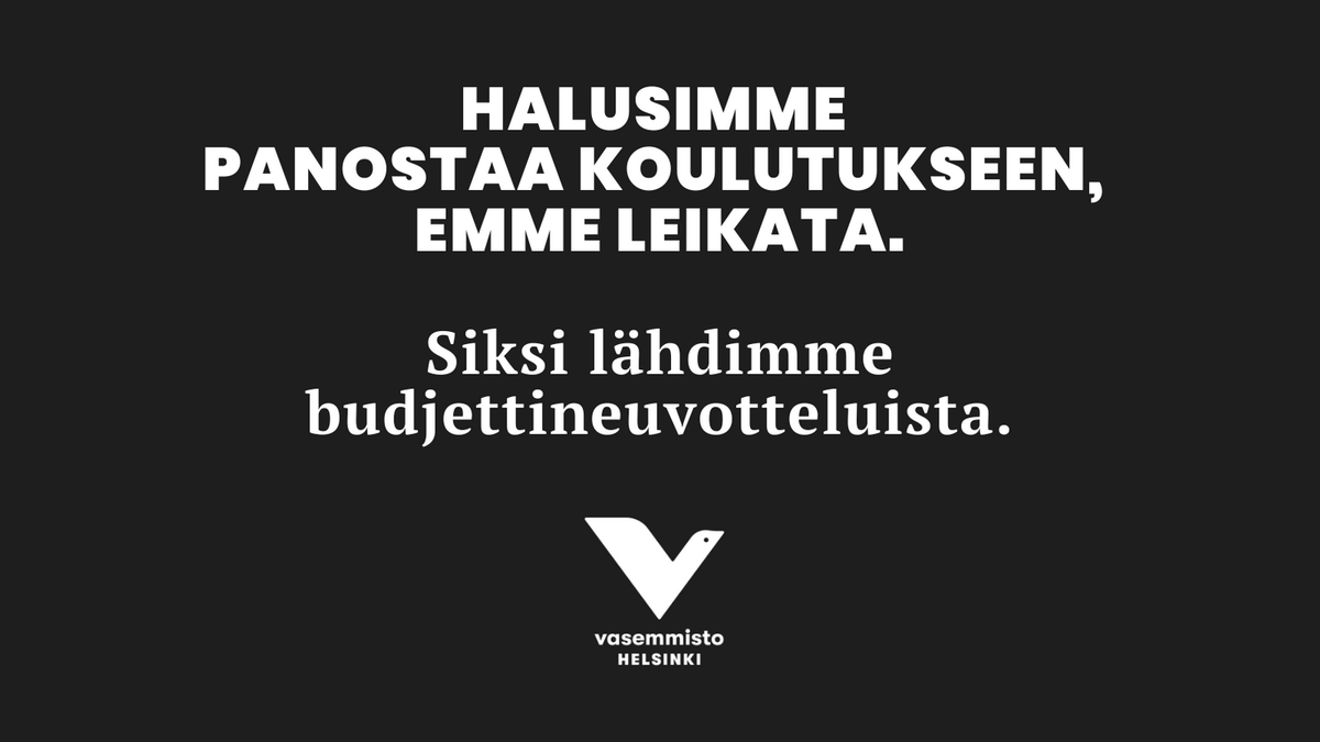 vashelsinki's tweet photo. Vasemmistoliitto lähti Helsingin budjettineuvotteluista.

"On käsittämätöntä, että maan rikkain kunta ja pääkaupunki haittaa lastensa tulevaisuutta tekemällä koulutusleikkauksia”, sanoo @AnnaVuorjoki

#helvaltuusto

https://t.co/n4Z0oYTBsQ https://t.co/kkxEafLMbP