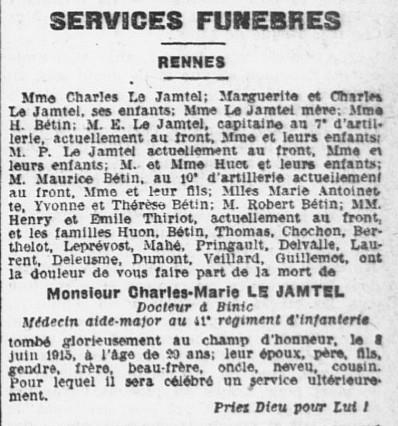 9. Ceci explique pour une part que certains se trouvent sur plusieurs monuments. C’est le cas par exemple du Dr Charles Le Jamtel, du  #41eRI de  #Rennes, tué en juin 1915 en Artois.  @JeanYvesLeClerc,  @samuelboche