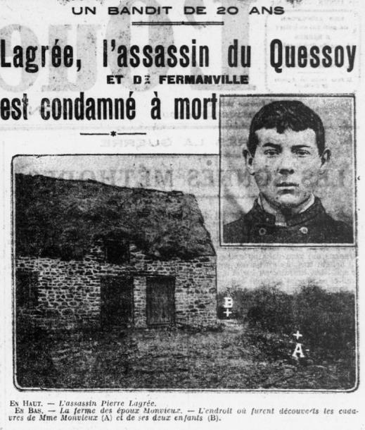 14. Le cas des soldats fusillés est plus complexe. Le nom de Pierre Lagrée, serial killer originaire de Quessoy, exécuté pour le meurtre d’une femme et de ses enfants, n’est pas sur le monument de sa commune.  @Offenstadt