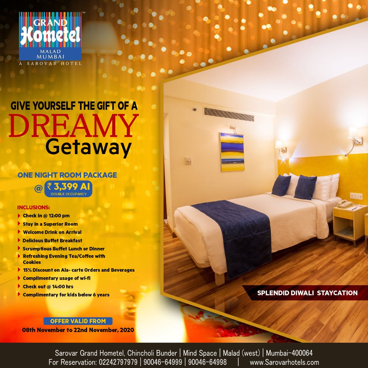 GrandHometel's tweet photo. #DiwaliStaycation!
#SarovarGrandHometelMumbai presents to you the Perfect 1Night #RoomPackage for a Dreamy #Getaway this #Diwali! Luxuriate in a #SuperiorRoom, Savour #ScrumptiousDelights & Experience #PremiumHospitality at an #AmazingPrice!
📞:02242797979/9004664999/9004664986 https://t.co/0lZ8dTt6lV