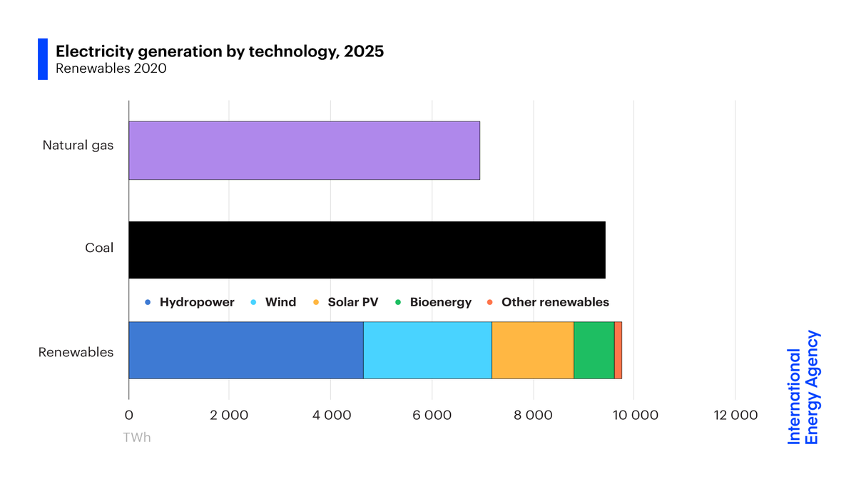 In 2025, renewables are set to become the 's largest source of electricity generation, ending coal’s 5 decades at the top of the power mixBy then, renewables should supply a third of global electricity. Their total capacity will be twice the entire power capacity of  today