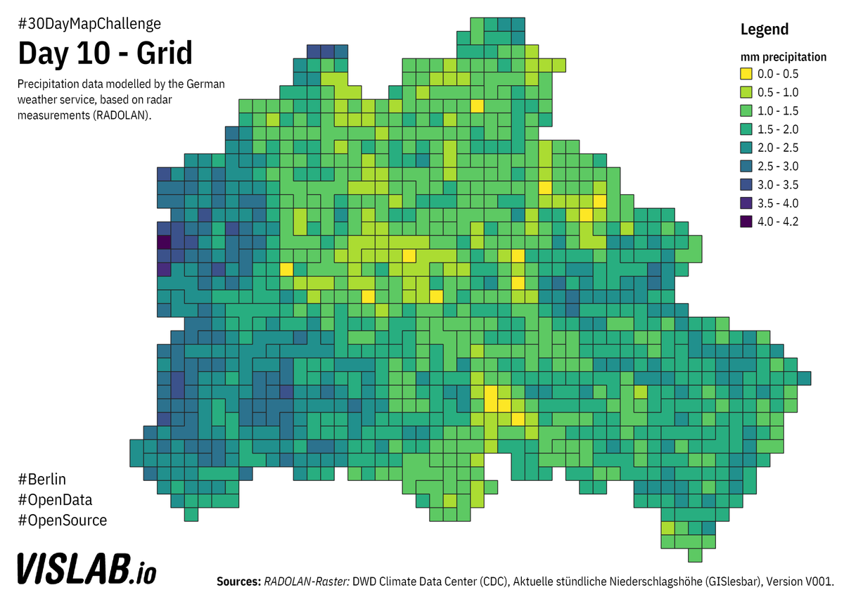 Day 10 of  #30DayMapChallenge : Grid. Precipitation data from German Weather Service (DWD). The RADOLAN product provides modelled  from radar observations. This is hourly data for November 2nd 1:50AM. DWD has tons of open data  https://opendata.dwd.de  Code  https://github.com/sebastian-meier/ThirtyDayMapChallenge2020/tree/main/maps/10