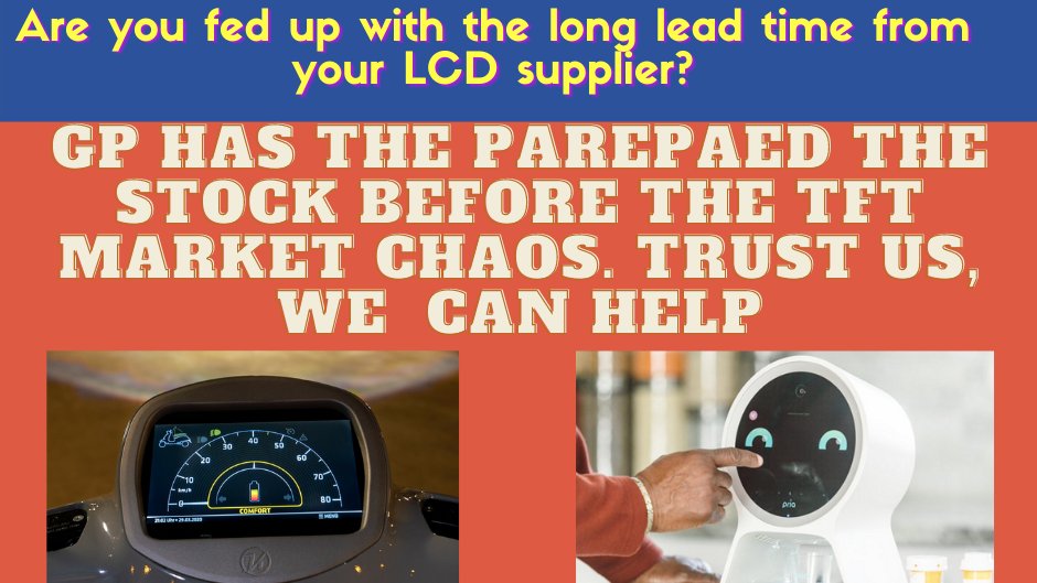 CallioGiant's tweet photo. Giantpower can help with the long lead time caused by your orginal LCD supplier. 

We have the special principle of preparing raw materials for our customers. 

Please contact us for more info. 

Visit us at: https://t.co/tLl5BGTihC

#IPS #giantpower #display #TFT #LCD #leadtime https://t.co/gZQ1LnImJl