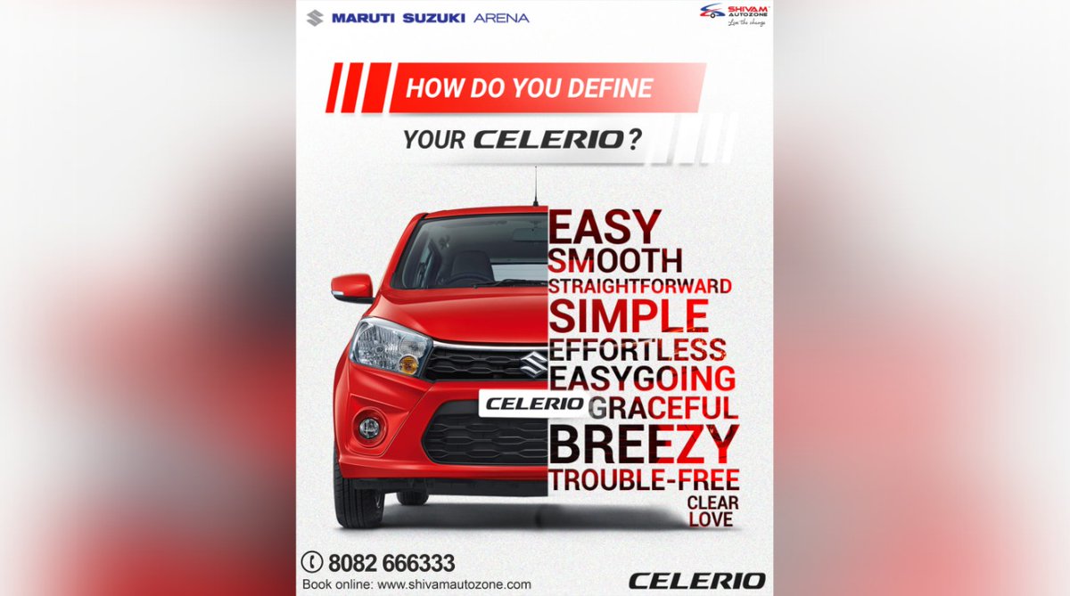 ShivamAutozone's tweet photo. Although we cannot define our #EasyToLove #EasyToDrive Celerio in just few words, let us know how would you define your #Celerio. ♥️
Click: https://t.co/Vwj7YNllkA OR
Call @ 8082 666333
#ShivamAutozone #MarutiSuzuki #MarutiSuzukiArena #Celerio #SCNG #Mumbai https://t.co/BNKoFr2zXF