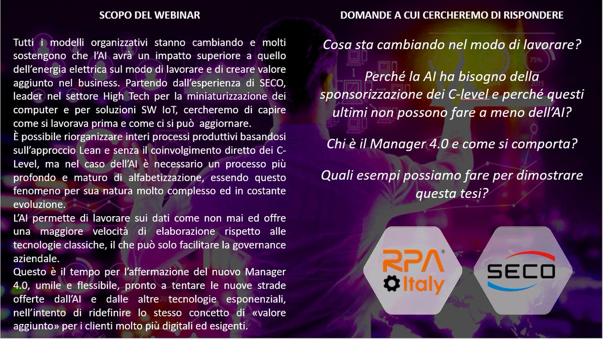 #savethedate #lastcall
👉12 novembre ore 17
"AI per pochi? L'importanza del Manager 4.0" in collaborazione con SECO spa

Faremo una Tavola Rotonda incentrata sulla figura del Manager 4.0 e sul cambio di #Mindset per la #digitalinnovation

✏️Per iscrizioni: eventbrite.it/e/biglietti-ai…