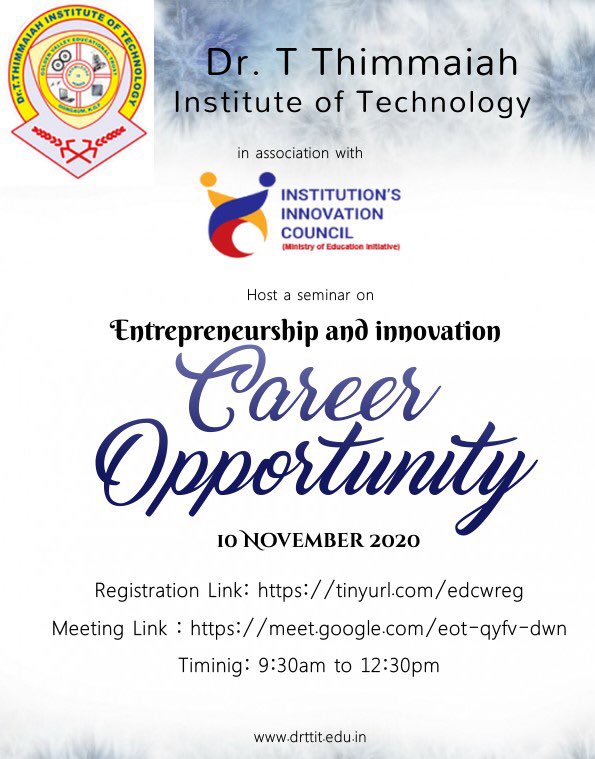 drttit877's tweet photo. Dr. TTIT in association with Institution’s Innovation Council is hosting a seminar on Entrepreneurship and Innovation. Registrations are open. #TTIT #Entrepreneurship #Innovation https://t.co/IQmt35HkoJ
