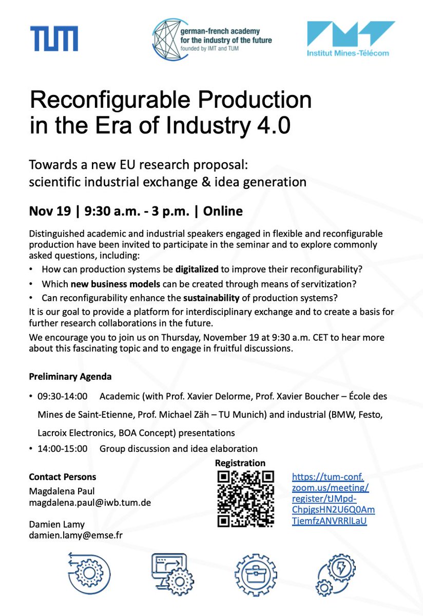 AFA_DFA's tweet photo. 1st Winter School &amp; Workshop on "Reconfigurable Production in the era of Industry 4.0" by @MINES_StEtienne @TU_Muenchen with @BMWGroup @festo_global @LacroixElectronics @BoaConcept 

🕘 Nov 19 - 9:30am to 3:00pm

Registration 👉https://t.co/TQuDKR4air

#Industry40 #manufacturing https://t.co/qIJoXNo0WQ